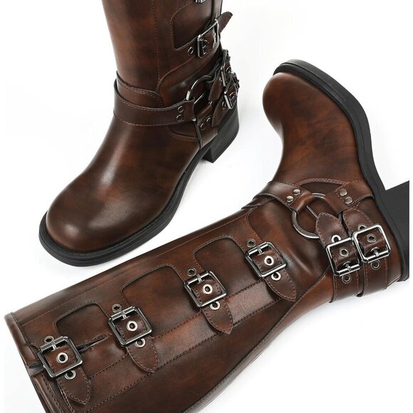 🆕Women Brown Knee High Square Toe Pull On Wide Calf Fashion Buckles Chunky Boot - Picture 2 of 6